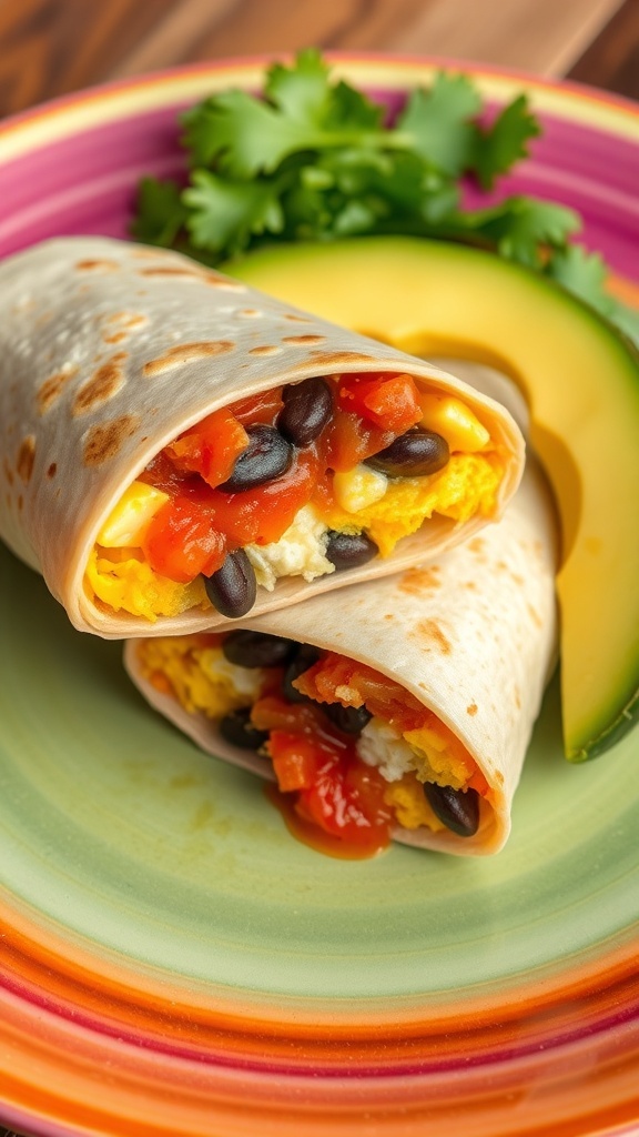 Breakfast burritos filled with eggs, black beans, and salsa on a colorful plate