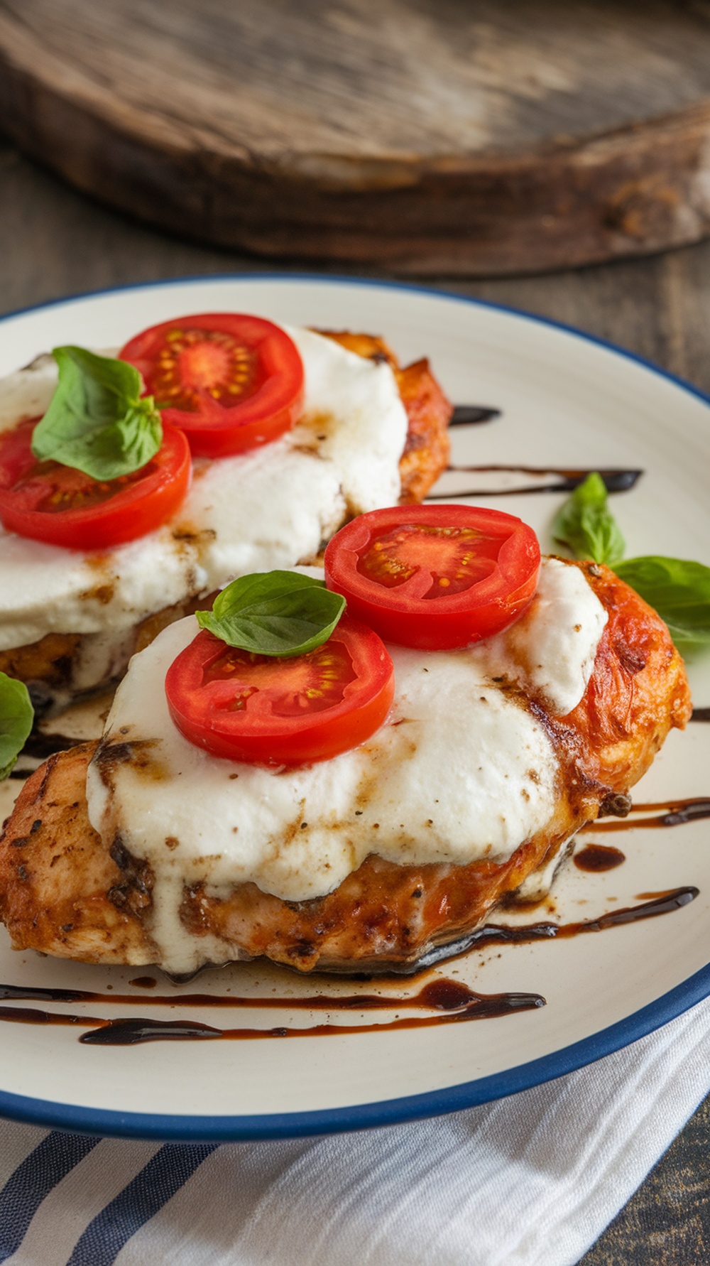 A plate of Caprese Chicken with mozzarella, tomatoes, and basil