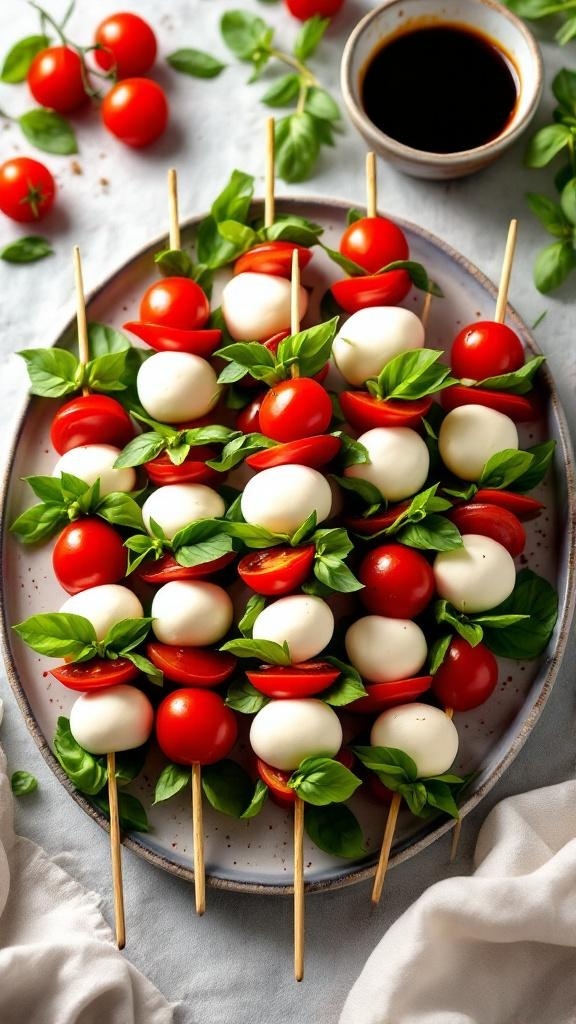 A plate of Caprese skewers made with cherry tomatoes, mozzarella balls, and basil leaves, served with balsamic glaze.