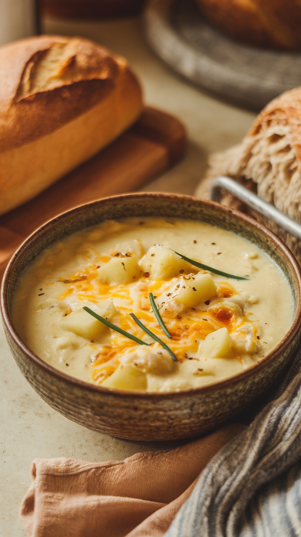 A bowl of creamy potato soup topped with cheese and chives, with bread in the background.