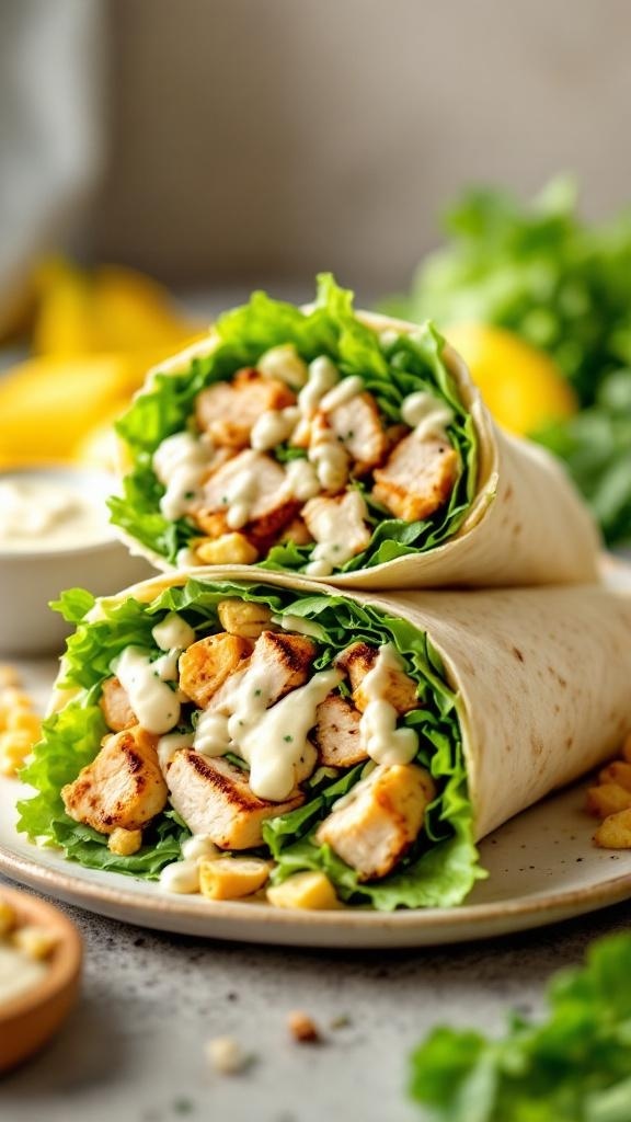 Two chicken Caesar salad wraps filled with grilled chicken, lettuce, croutons, and Caesar dressing.