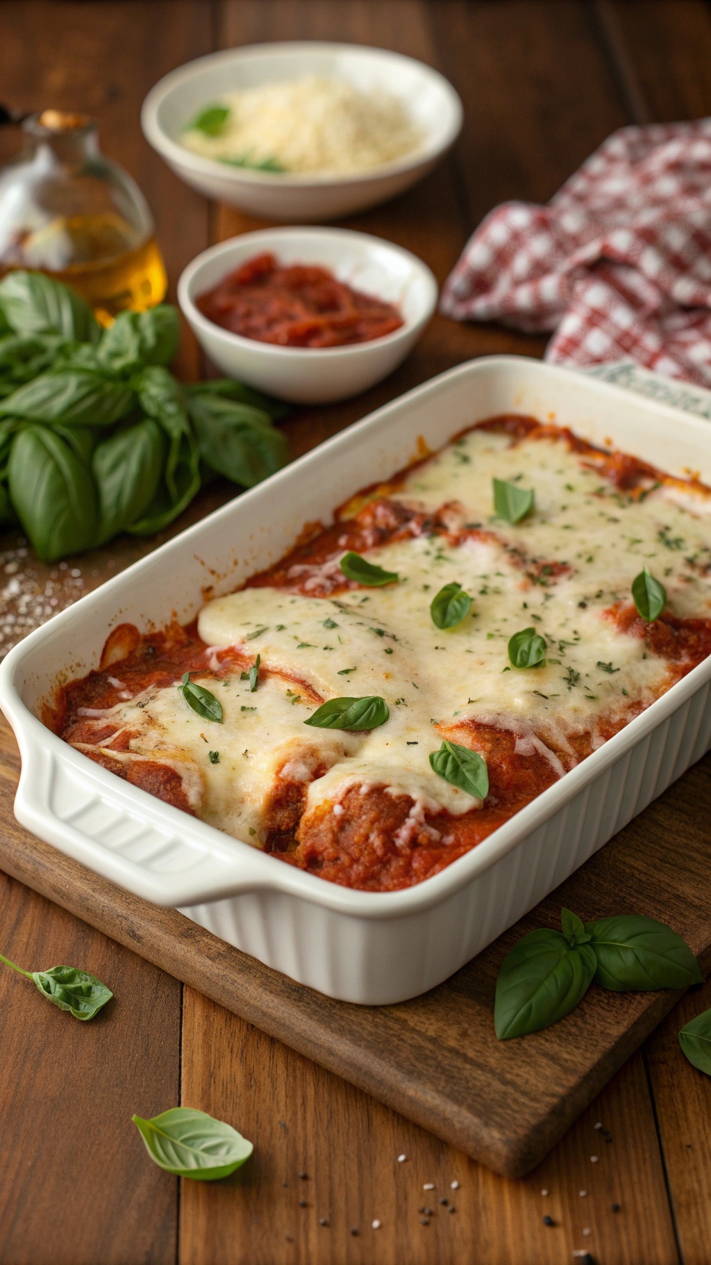 A delicious Chicken Parmesan Casserole topped with melted cheese and fresh basil, served in a white baking dish.