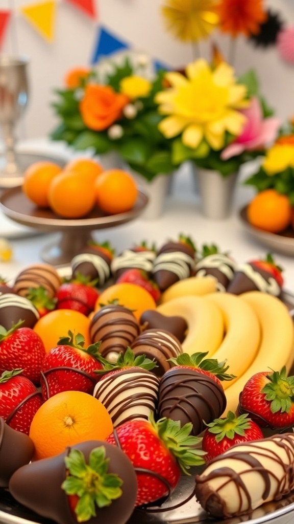 A platter of chocolate-covered strawberries, oranges, and bananas, beautifully arranged for a festive dessert.