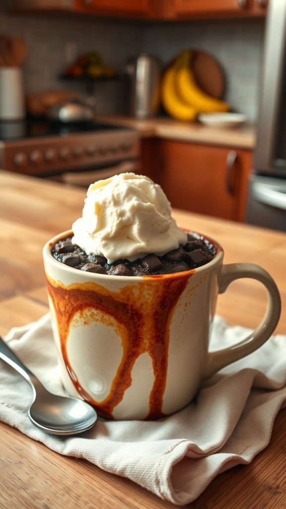 A chocolate banana mug cake topped with whipped cream, sitting on a wooden table with bananas in the background.