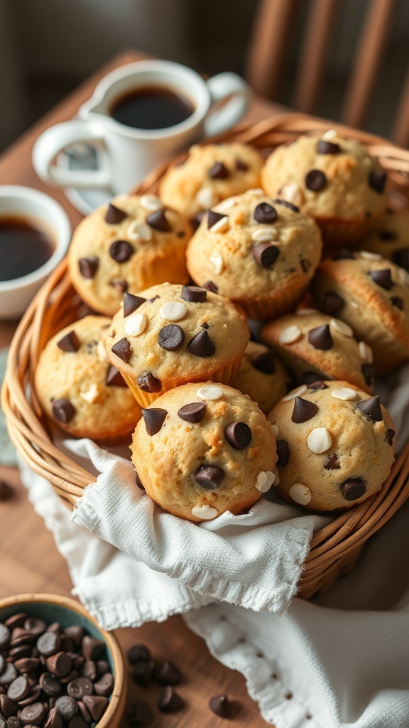 A basket filled with chocolate chip muffins, topped with dark and white chocolate chips, alongside cups of coffee.