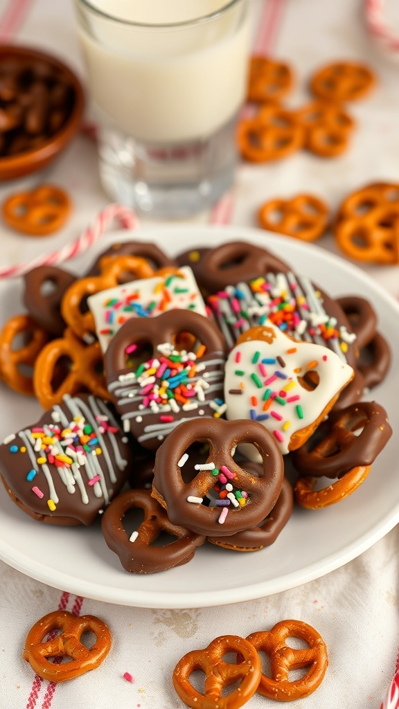 A plate of chocolate dipped pretzels with colorful sprinkles and a glass of milk.