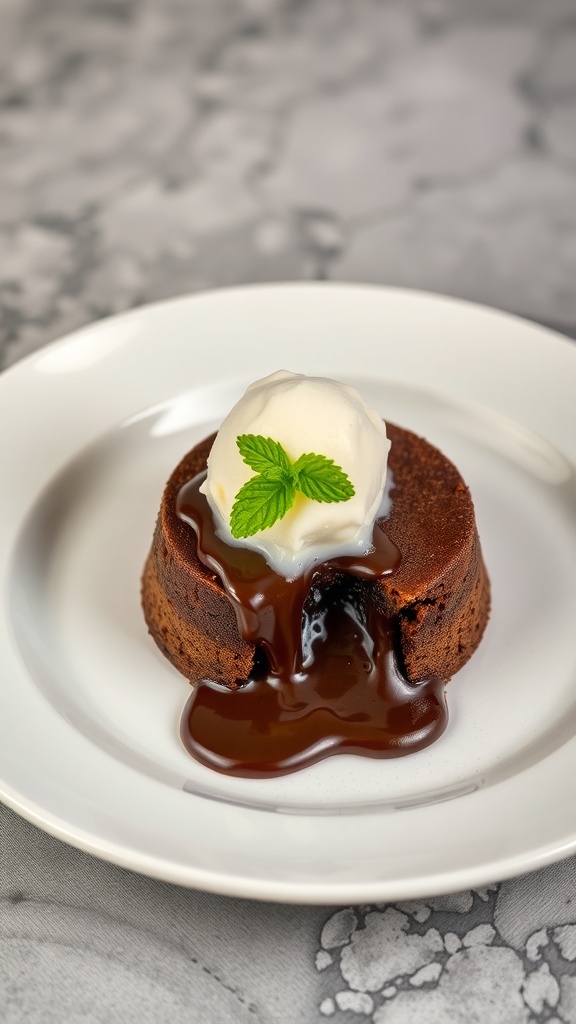 A warm chocolate lava cake topped with vanilla ice cream and a mint leaf.