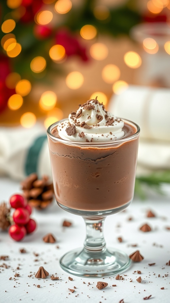 A glass of chocolate mousse topped with whipped cream and chocolate shavings, surrounded by festive decorations.