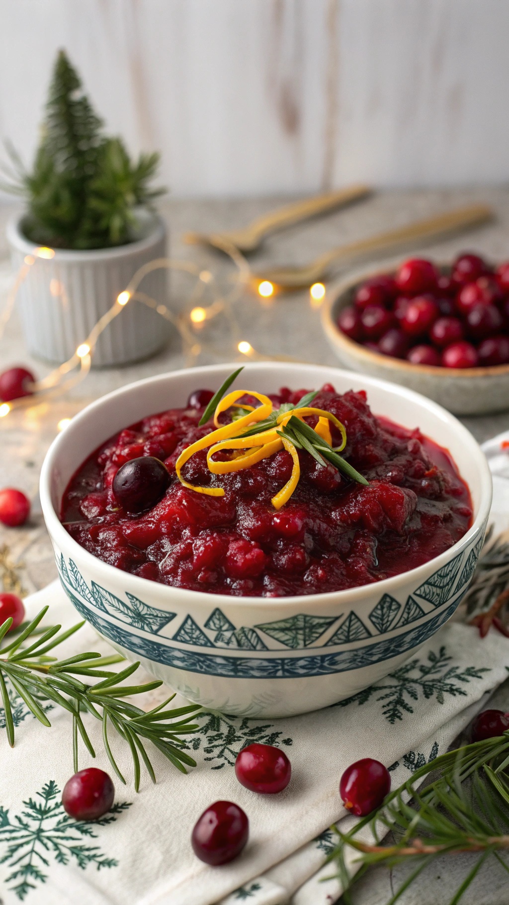 A bowl of cranberry sauce garnished with herbs and citrus peel, surrounded by fresh cranberries and a small potted plant.