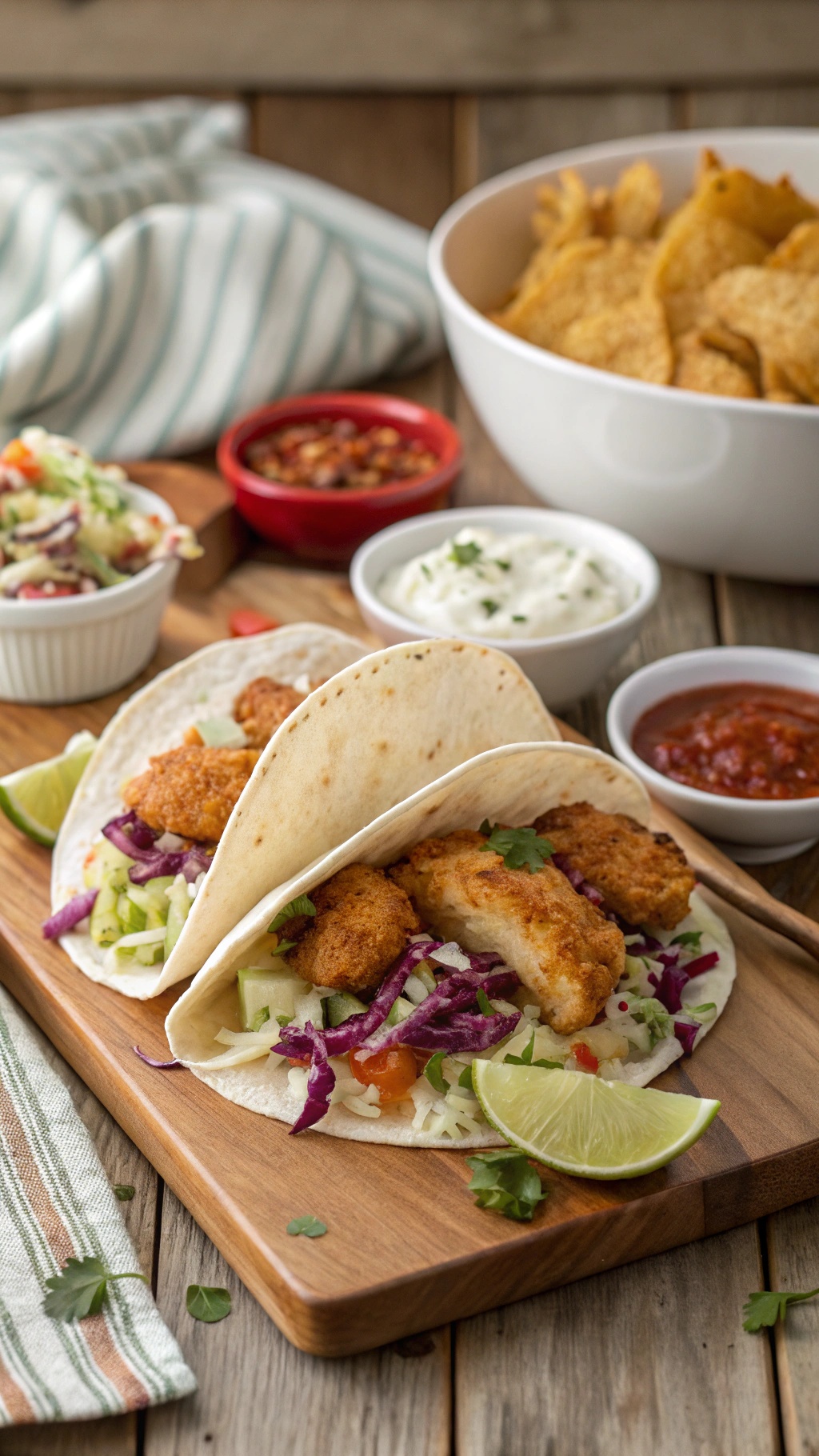 Two fish tacos with cabbage slaw on a wooden board, served with lime and various dips.