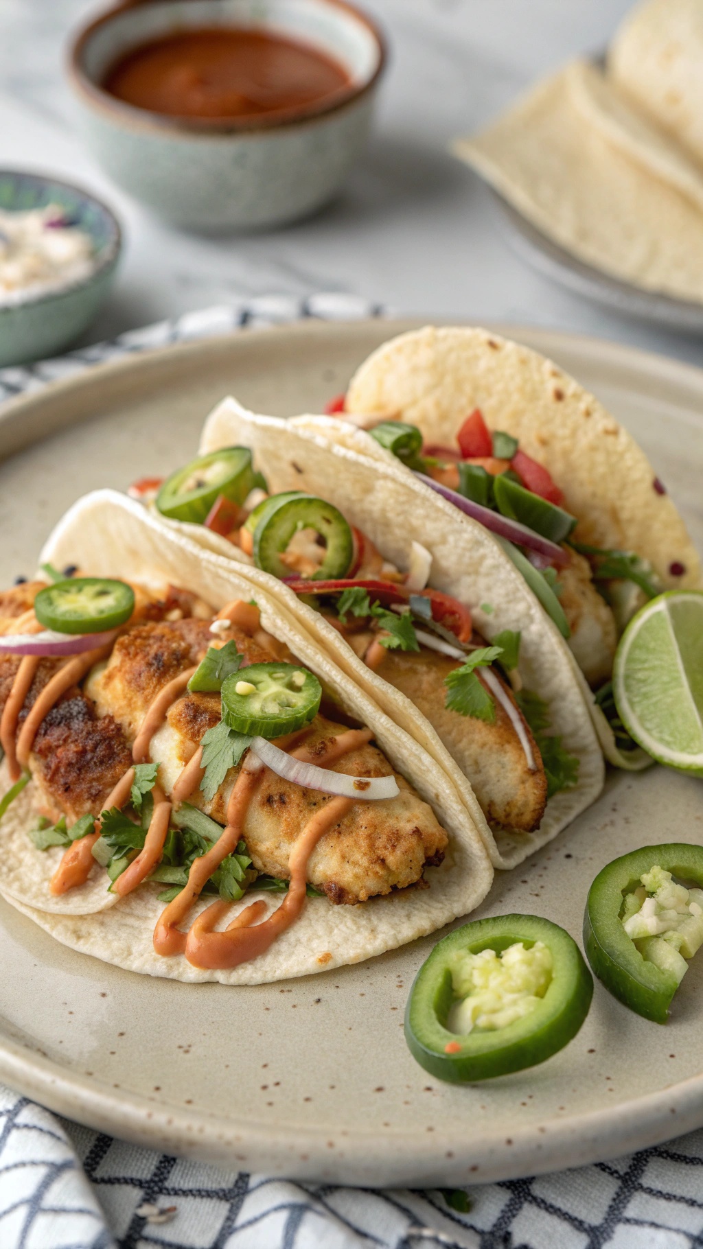 Three fish tacos topped with fresh vegetables and chipotle sauce on a plate.