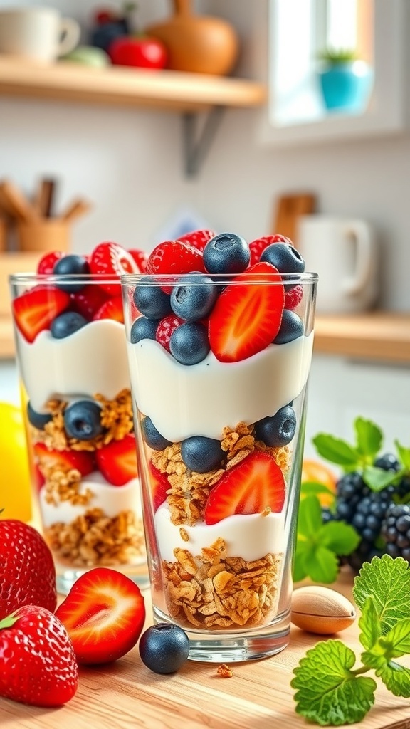 Delicious fruit and yogurt parfaits with layers of yogurt, granola, and fresh berries