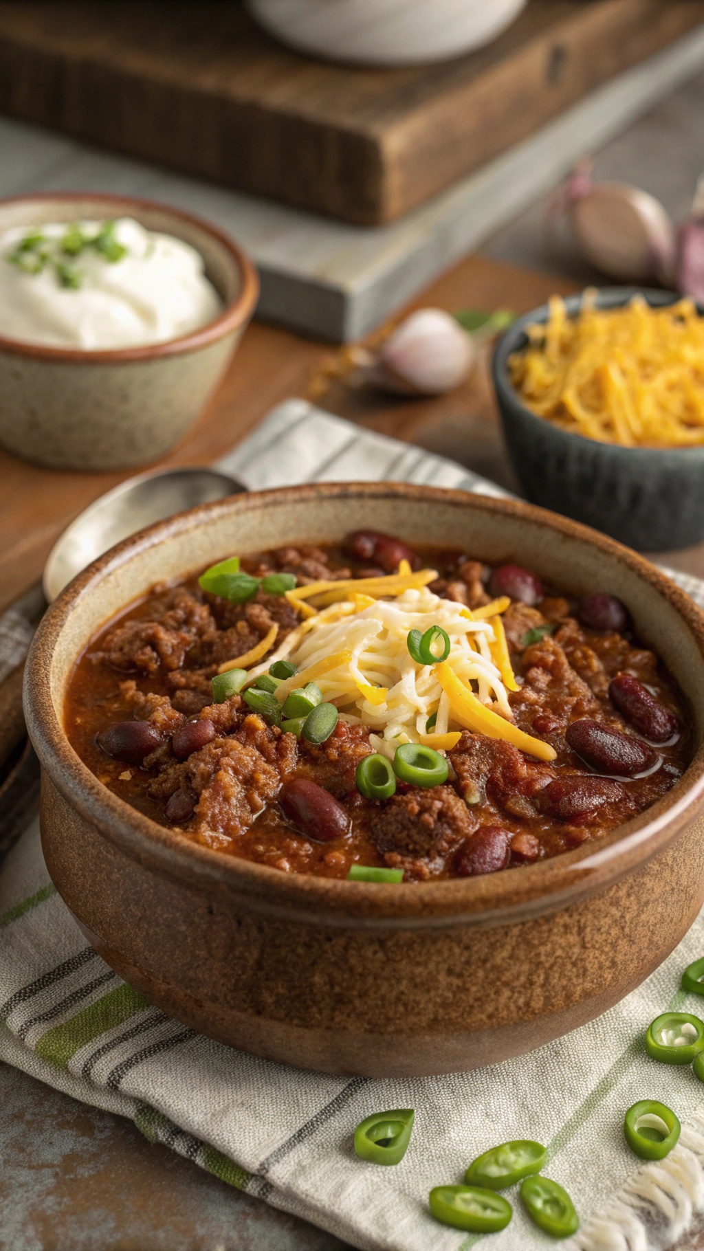 A bowl of homemade chili topped with cheese and green onions, served with sour cream and cheese on the side.