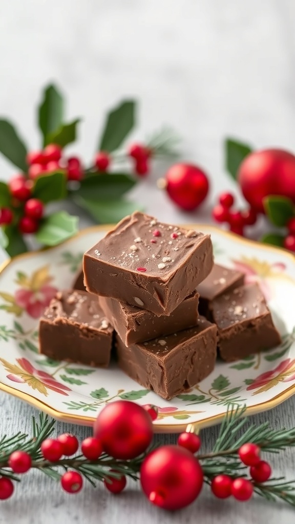 A plate of keto chocolate fudge decorated with festive holiday elements.