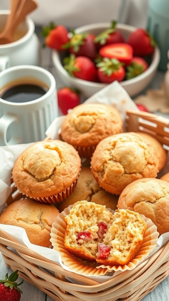 A basket filled with golden keto strawberry muffins, some cut open to show strawberries inside, with fresh strawberries and a cup of coffee in the background.