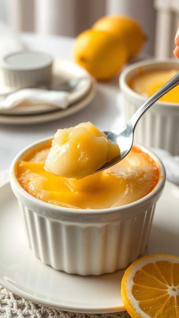 A spoonful of creamy lemon pudding cake in a ramekin, with fresh lemons in the background.