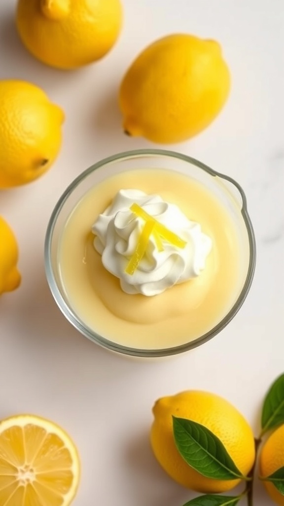 A bowl of creamy lemon pudding topped with whipped cream and lemon zest, surrounded by fresh lemons.