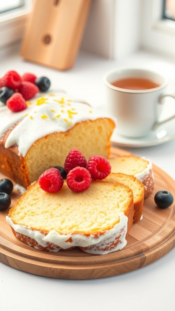 A slice of lemon yogurt cake topped with frosting and fresh berries on a wooden plate, with a cup of tea in the background.