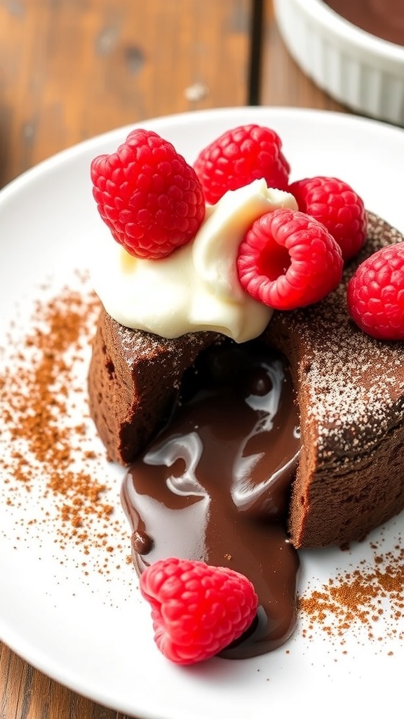 Decadent Low-Carb Chocolate Lava Cakes A low-carb chocolate lava cake with molten center, garnished with raspberries and whipped cream on a rustic table.