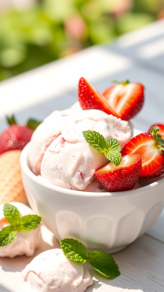 A bowl of low-carb strawberry ice cream topped with fresh strawberries and mint leaves.