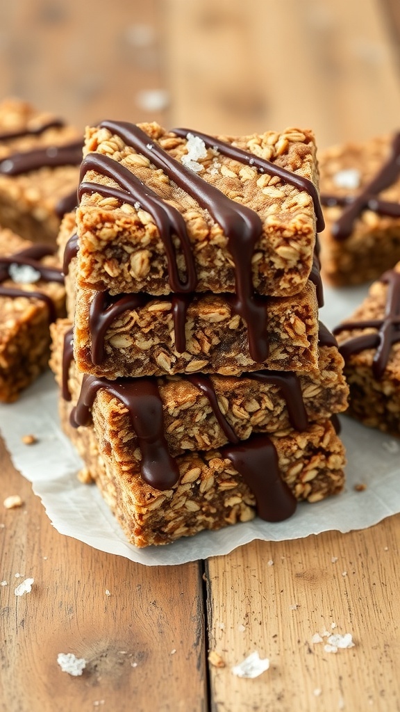 A stack of no-bake chocolate oat bars drizzled with chocolate on a wooden surface.