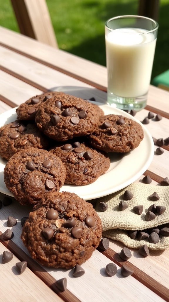 A plate of no-bake chocolate oatmeal cookies with chocolate chips, next to a glass of milk.