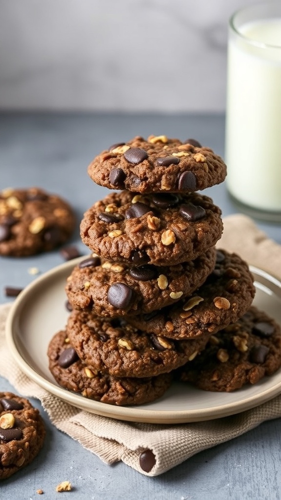 A stack of no-bake chocolate oatmeal cookies on a plate with a glass of milk in the background.