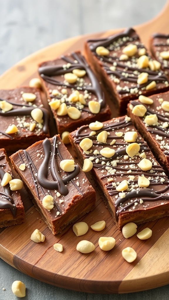 Delicious no-bake chocolate peanut butter bars topped with white chocolate chips on a wooden platter.