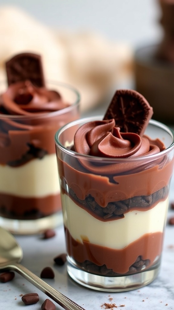 No-bake chocolate tiramisu served in glass cups with chocolate chips and cocoa powder on top.