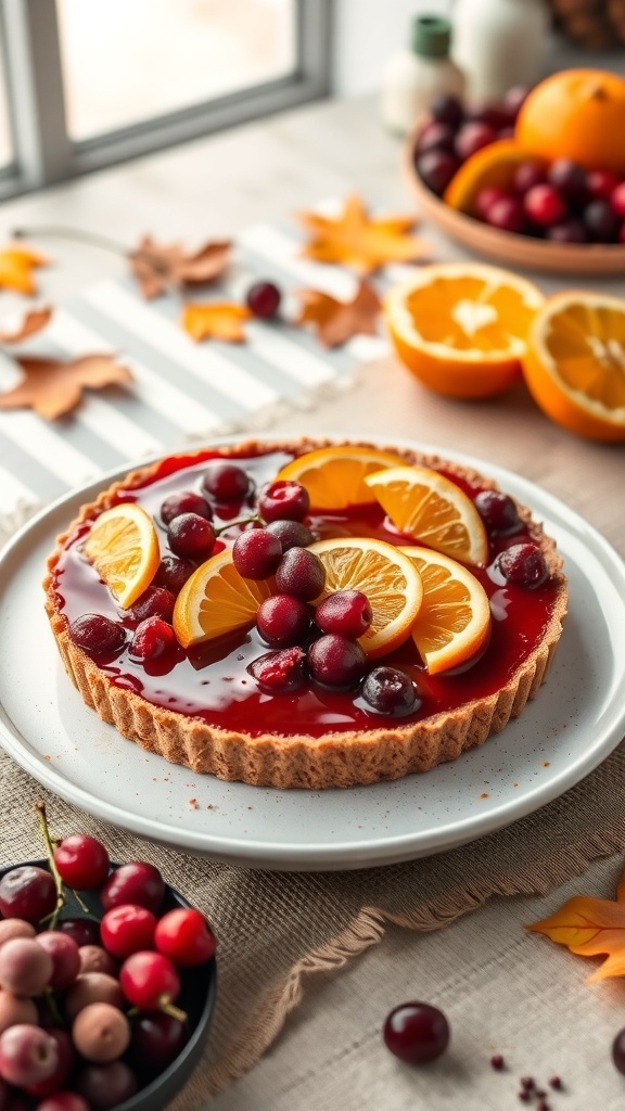 A beautiful no-bake cranberry orange tart garnished with orange slices and fresh cranberries, set on a table with autumn leaves and oranges in the background.