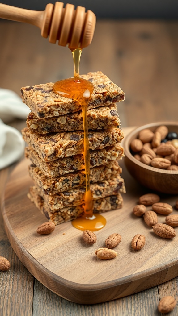 A stack of no-bake granola bars with honey drizzling over them, surrounded by almonds.