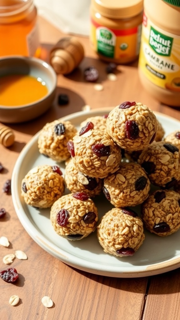 A plate of no-bake oatmeal raisin energy bites with oats and raisins on a wooden table, accompanied by honey and peanut butter.