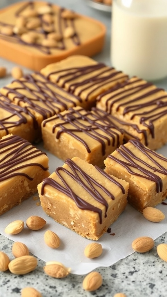 No-bake peanut butter bars drizzled with chocolate, surrounded by almonds.