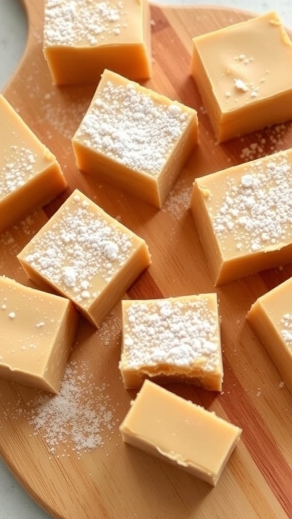 Squares of peanut butter fudge dusted with powdered sugar on a wooden board
