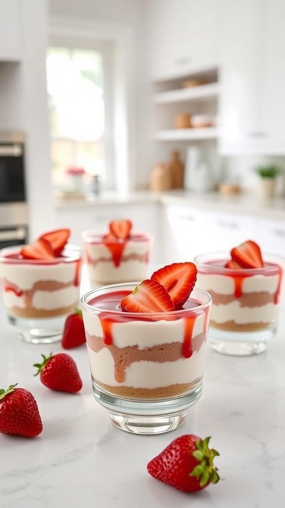 Easy No-Bake Strawberry Cheesecake Cups with layers of cheesecake filling and fresh strawberries