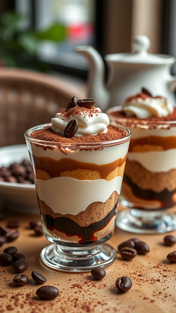 Two no-bake tiramisu cups layered with coffee-soaked ladyfingers and mascarpone cream, topped with whipped cream and coffee beans.