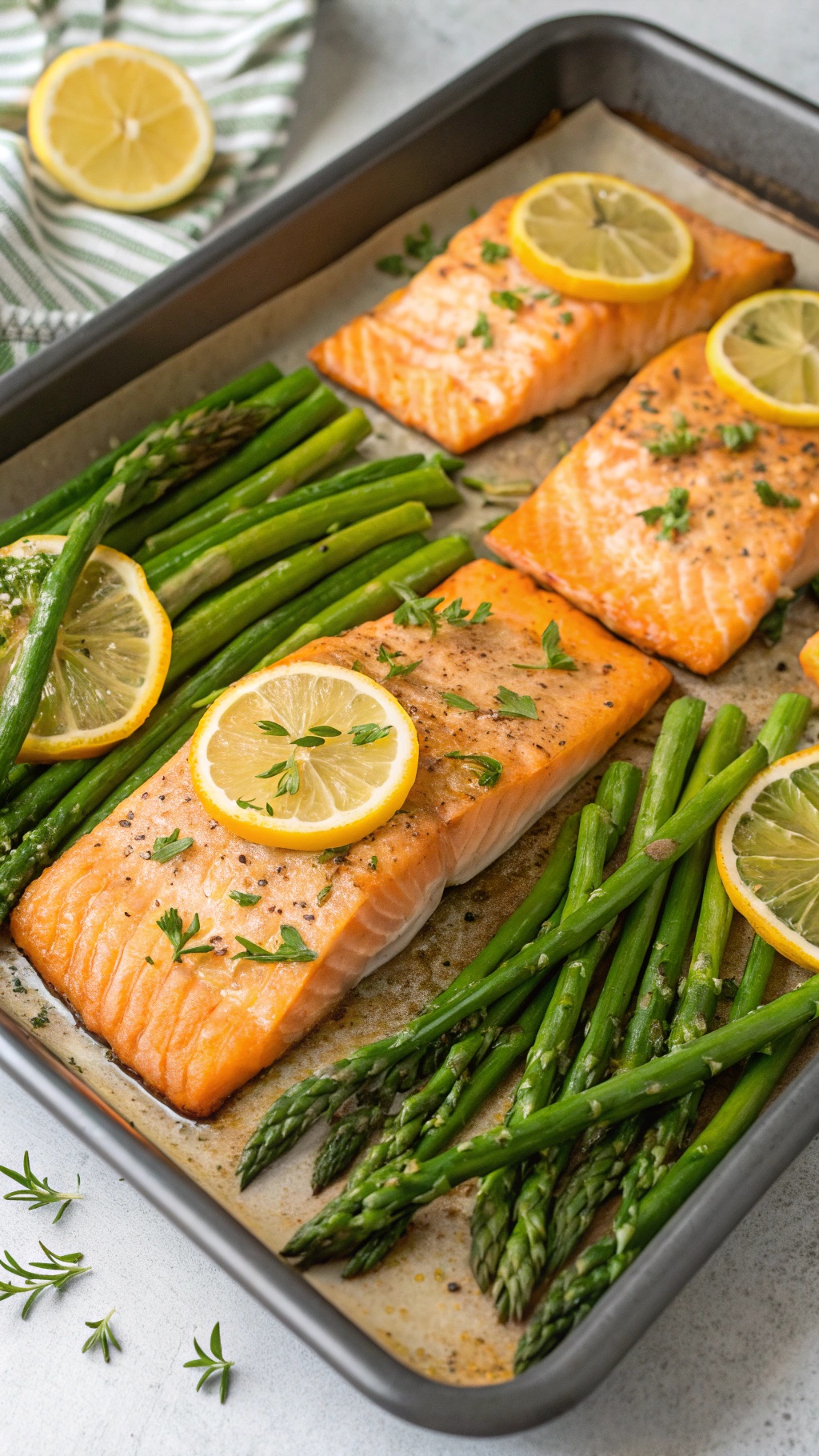 Baked salmon fillets with asparagus and lemon slices on a baking sheet