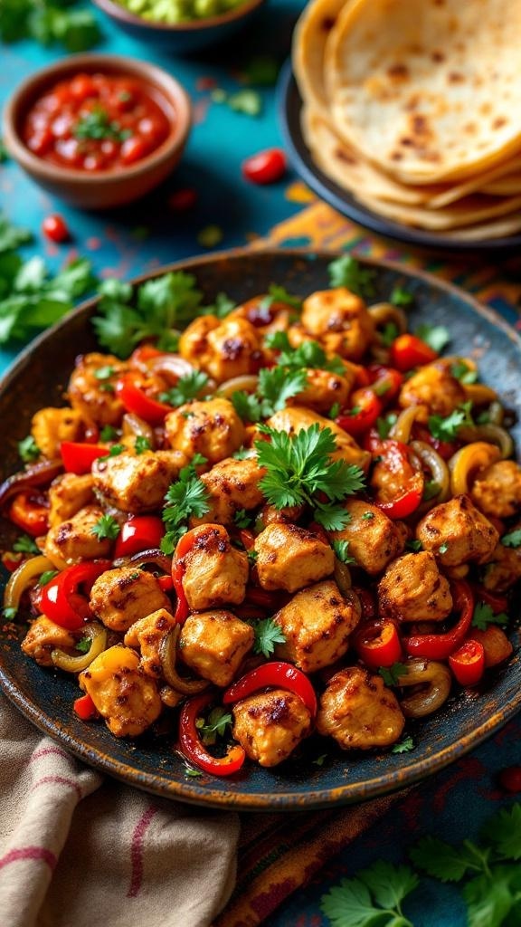 A colorful plate of chicken fajitas with bell peppers and onions, served with tortillas.