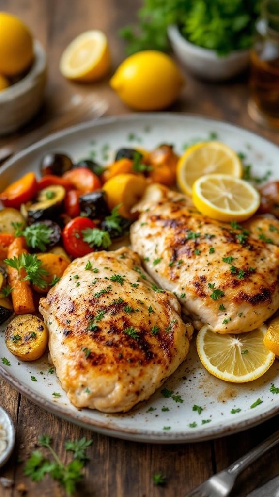 Plate of lemon herb chicken thighs with roasted vegetables and lemon slices