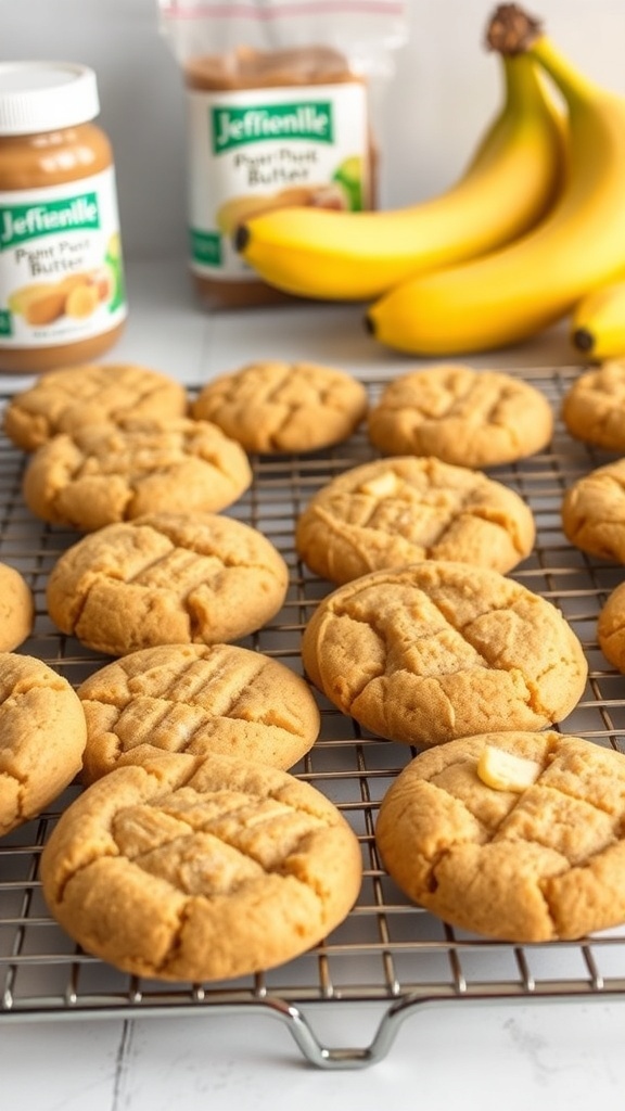 A batch of peanut butter banana cookies cooling on a rack, with bananas and peanut butter in the background.