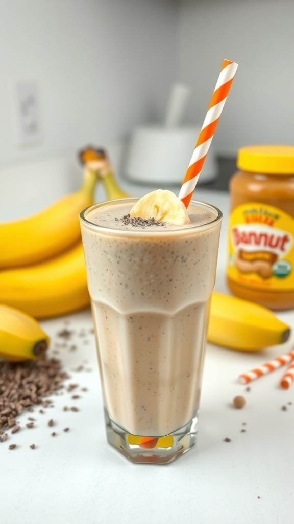 A delicious peanut butter banana smoothie in a glass with a straw, surrounded by bananas and a jar of peanut butter.