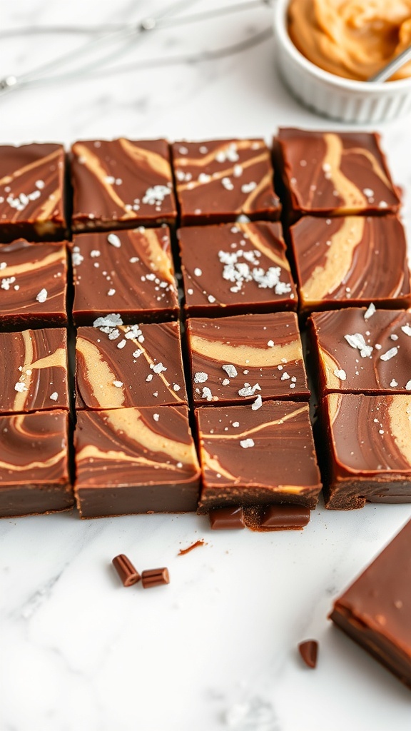 Peanut butter chocolate fudge cut into squares with a drizzle of peanut butter on top and a sprinkle of sea salt.