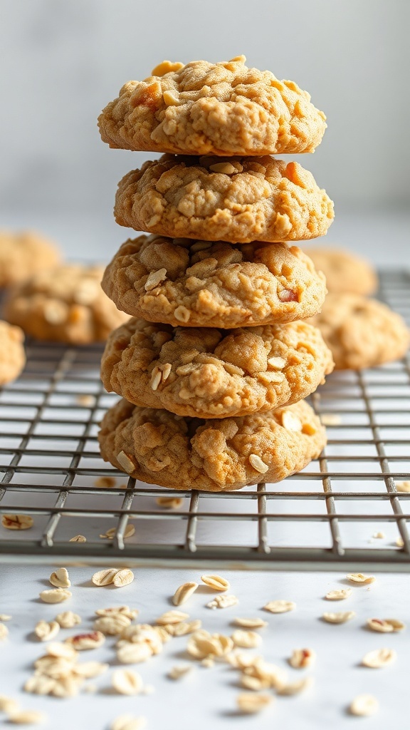 A stack of peanut butter oatmeal cookies on a cooling rack with oats scattered around.