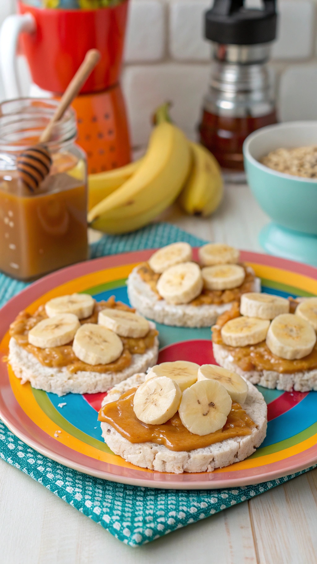 Rice cakes topped with peanut butter and banana slices on a colorful plate