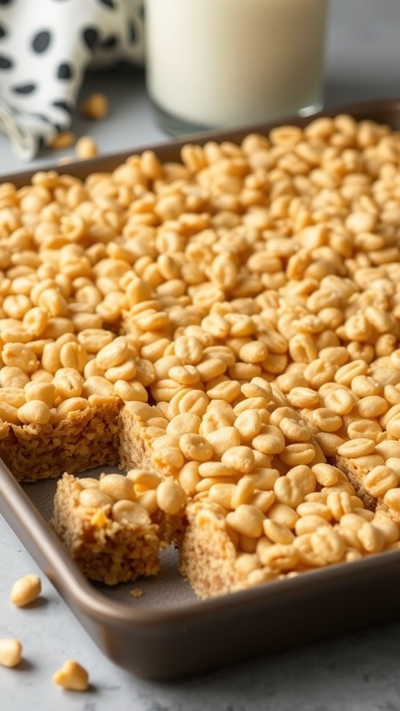 A tray of peanut butter rice krispie treats with a glass of milk in the background.