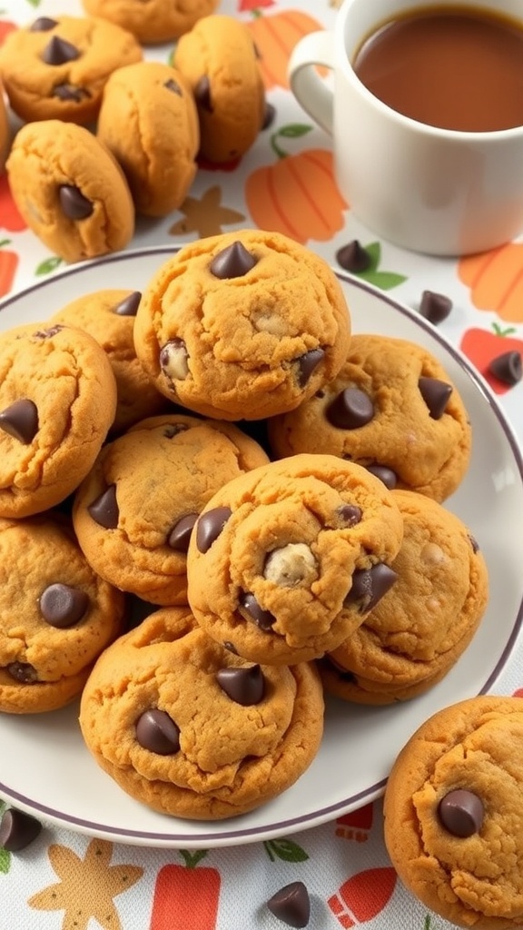 A plate of pumpkin chocolate chip cookies with a cup of coffee