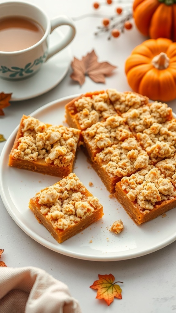 A plate of pumpkin crumble bars with a cup of coffee and decorative pumpkins.