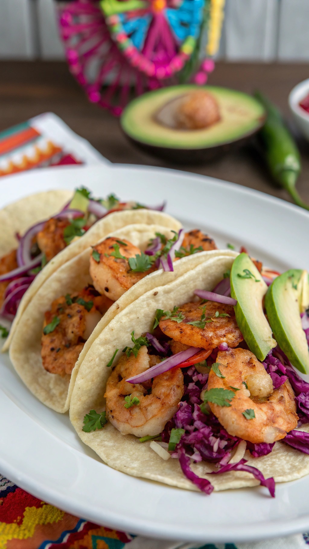 Shrimp tacos with cabbage slaw, garnished with avocado slices and cilantro