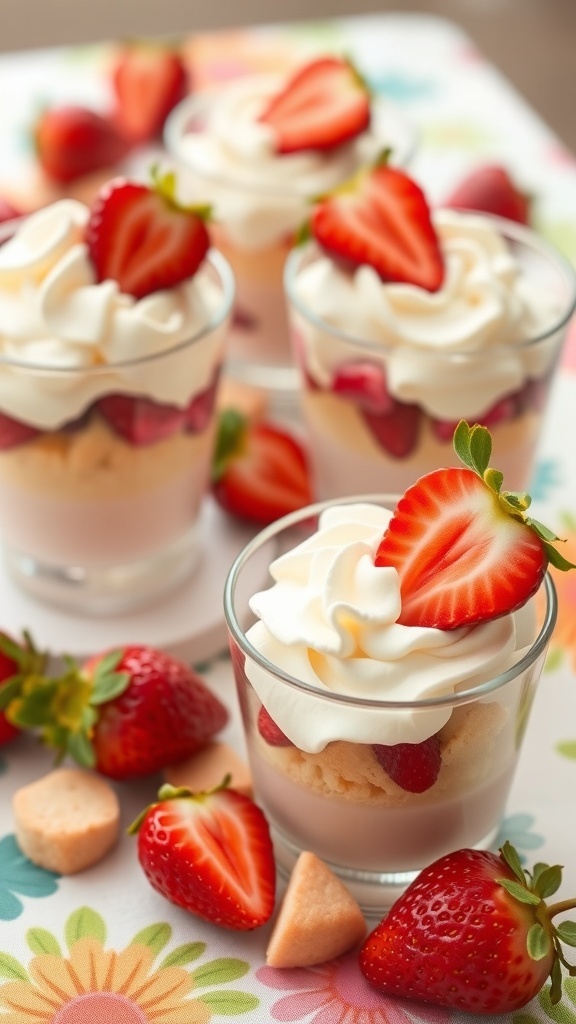 Delicious strawberry shortcake cups with whipped cream and fresh strawberries, perfect for a light dessert.