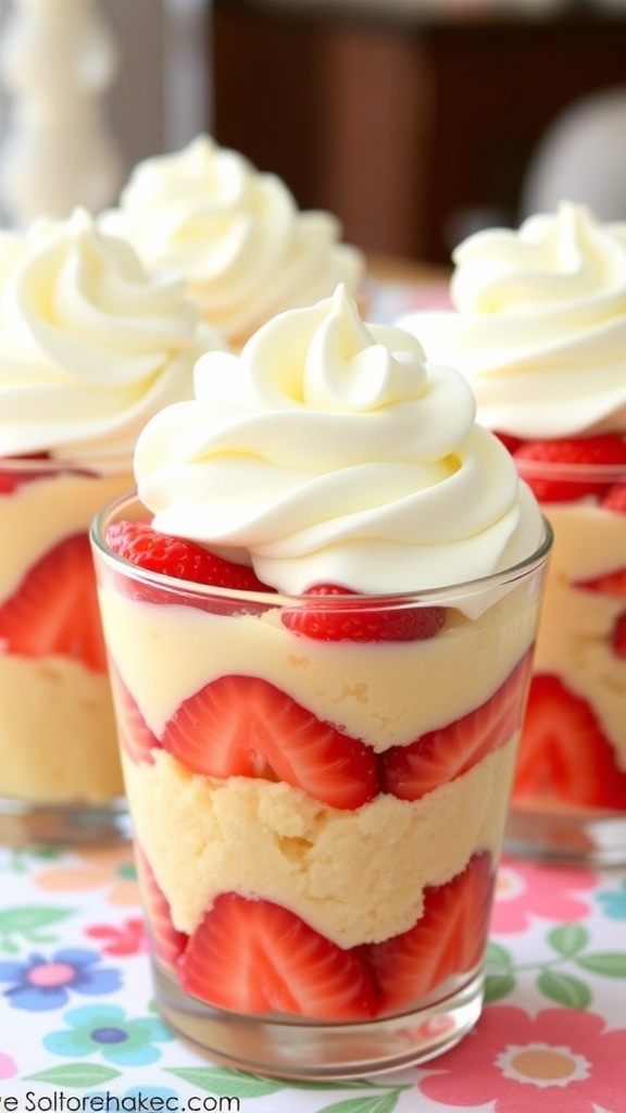 Delicious strawberry shortcake cups with layers of strawberries, cream, and sponge cake.